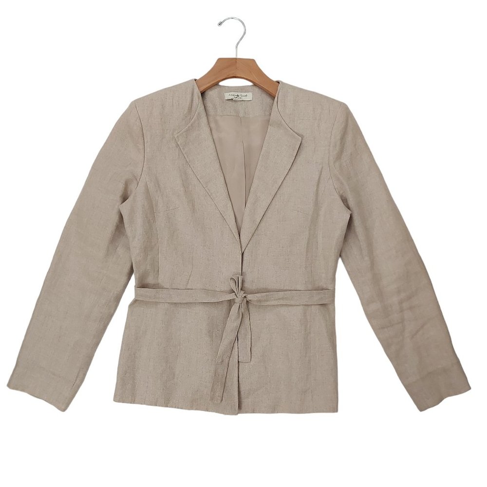 Amanda Smith Blazer Womens 8 Tan Pure Linen Belted Lined Single Button Casual - Picture 1 of 12